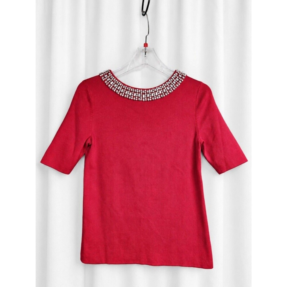 Talbots Deep Red Clear Rhinestone Neck Elbow Sleeve Pullover Dressy Knit Sweater